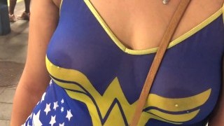 Wife In See Through Wonder Women Shirt With Pierced Nipples In Public