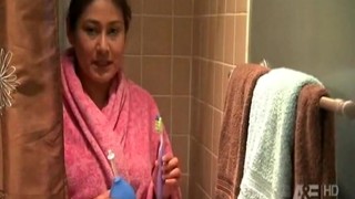 .Why Not To Spy On Natural Brunette Wife Taking A Shower And Flashing Body
