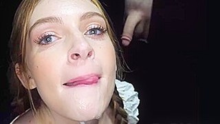 Blue- Eyed Blonde Teen With Braids Is Sucking Cock Through A Gloryhole, While Her Partner Is Moaning